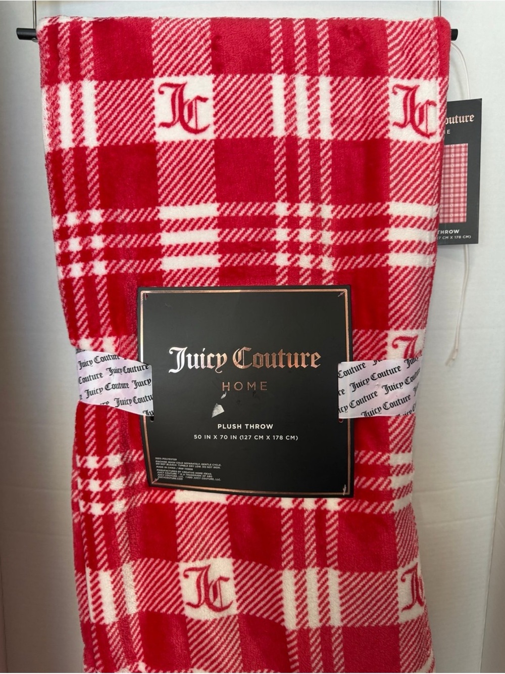 Juicy Couture Red and White Plaid Plush Throw